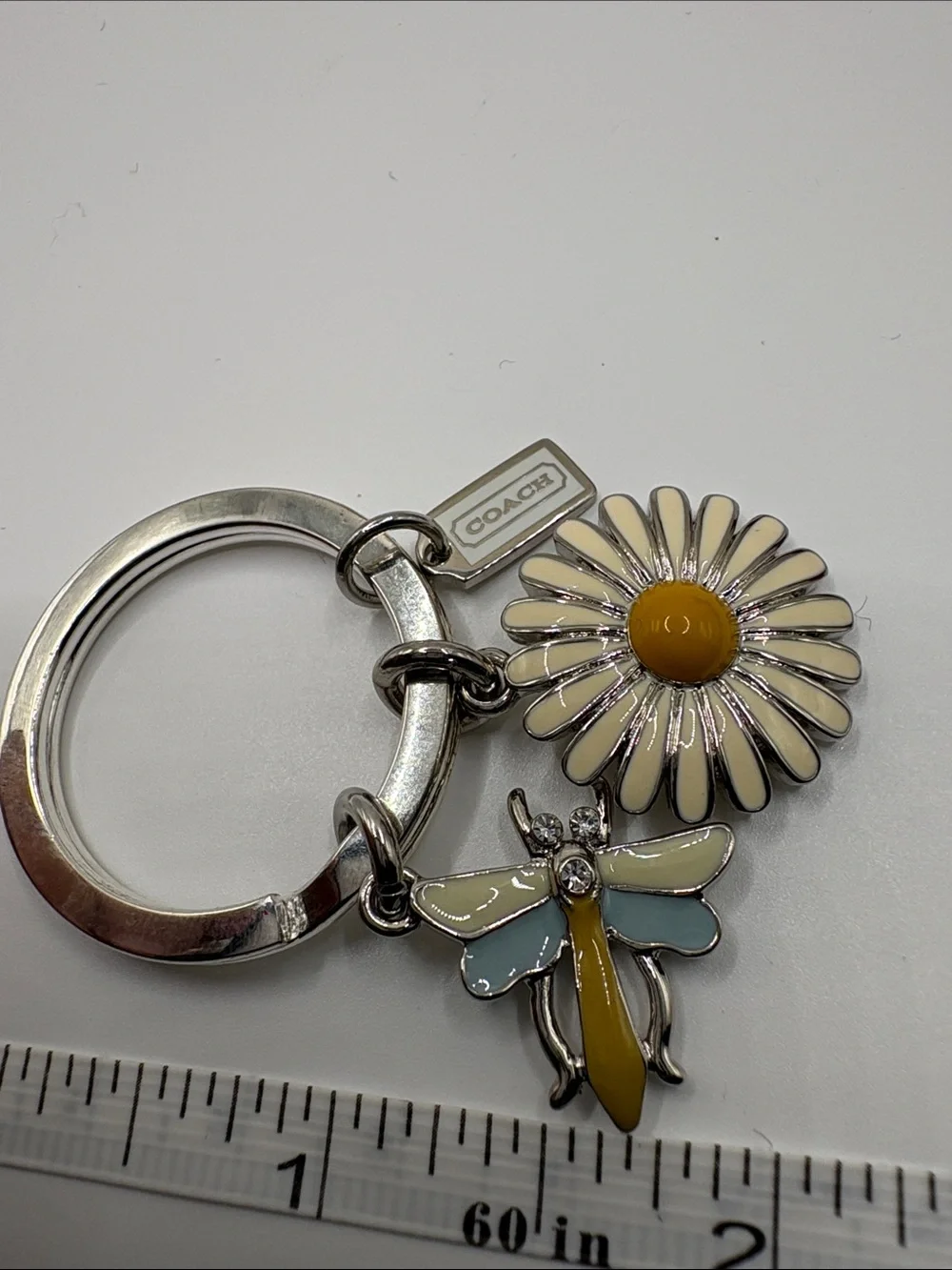 COACH Silver Daisy and Pastel Butterfly Keyring with Yellow Center